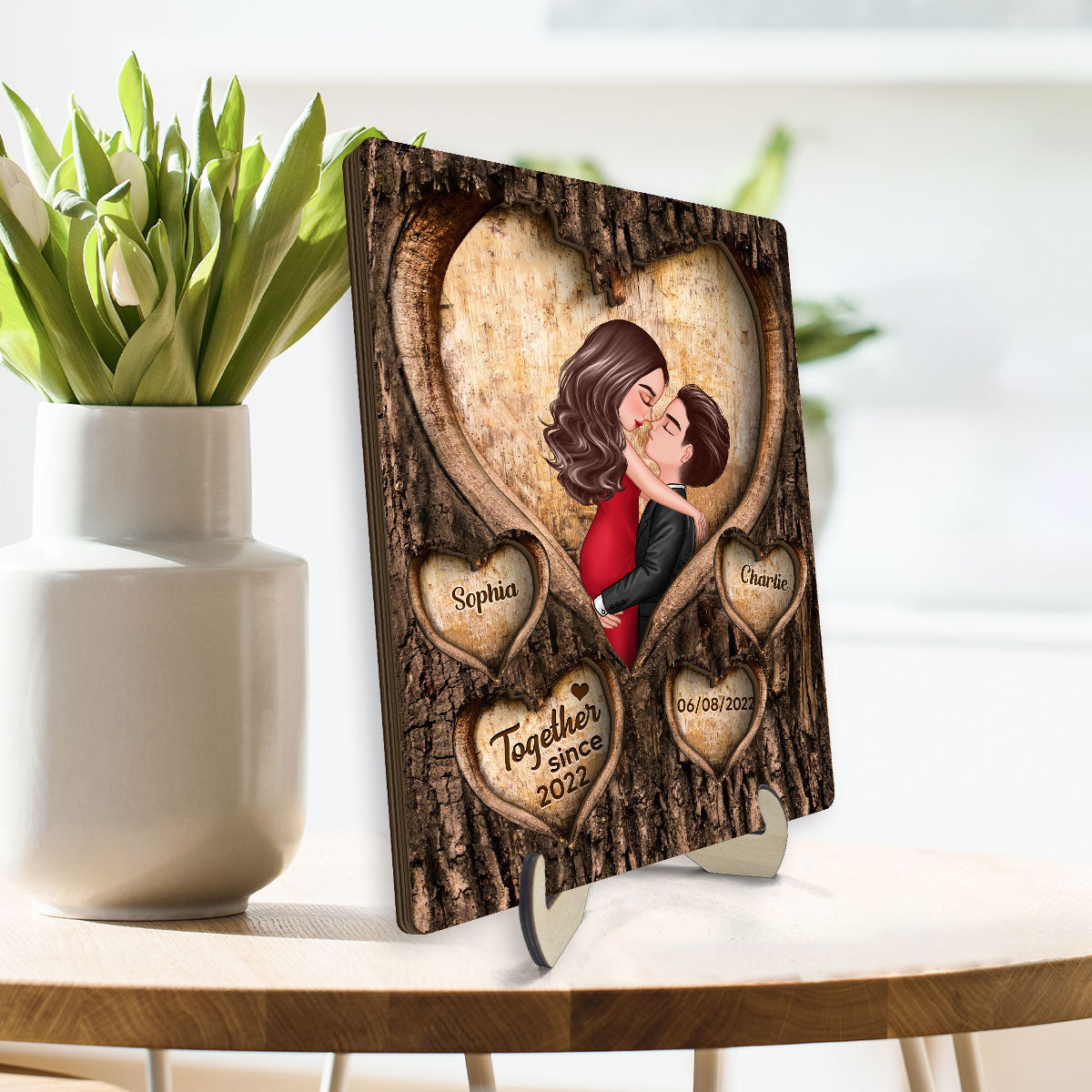 Couple Kissing Hearts Engraved On Tree Personalized 2-layer Wooden Plaque, Gift For Him, For Her
