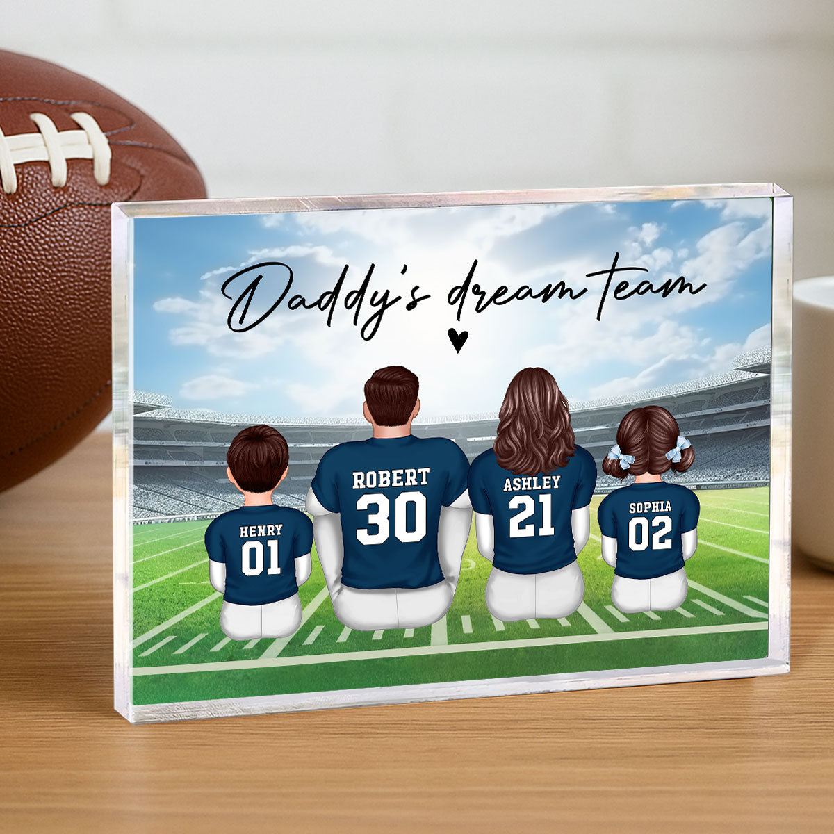 Daddy's Team Football Family Sitting Back View Personalized Acrylic Block, Gift