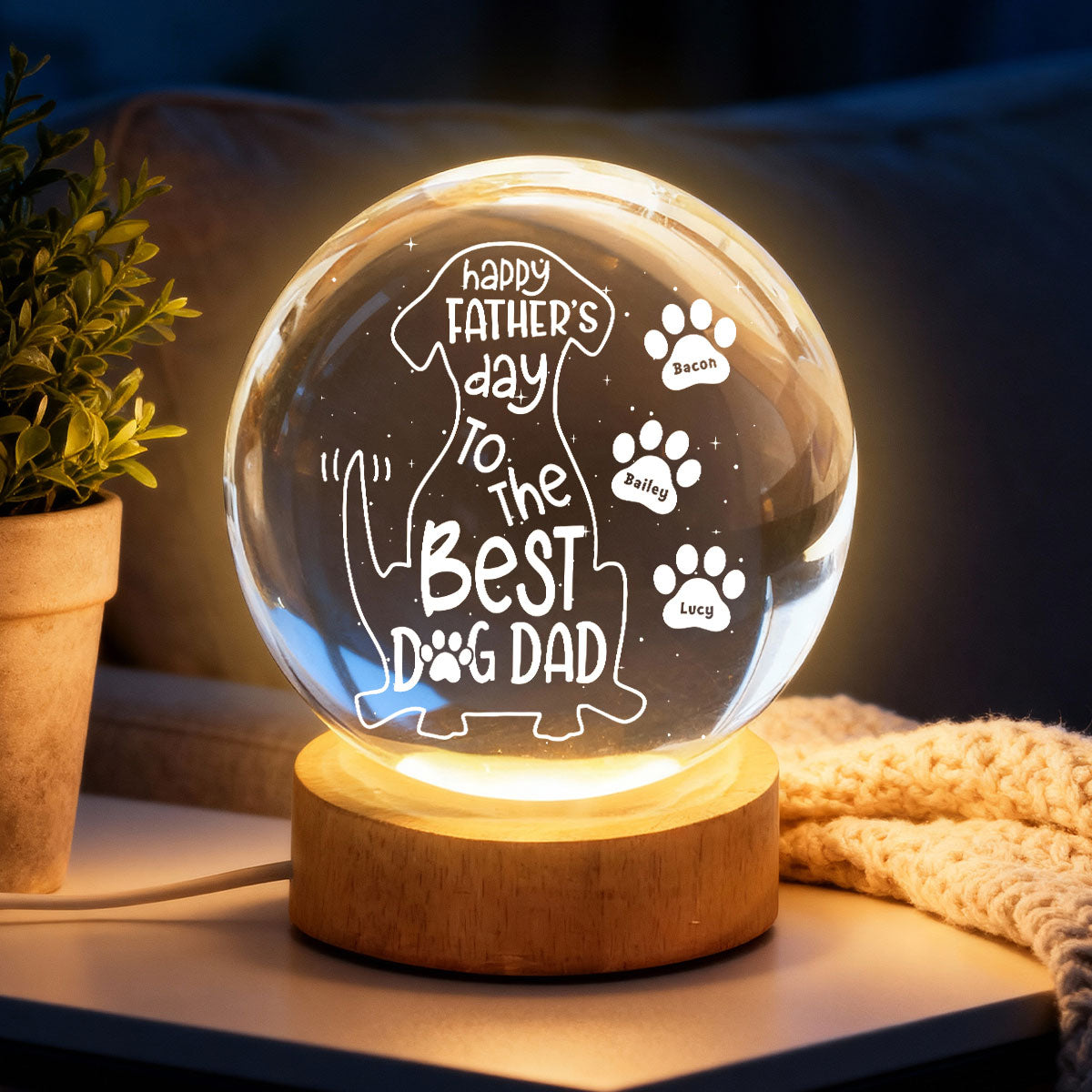 Happy Dog Dad - Personalized Crystal Ball LED Night Light - Heartfelt Gift for Husband