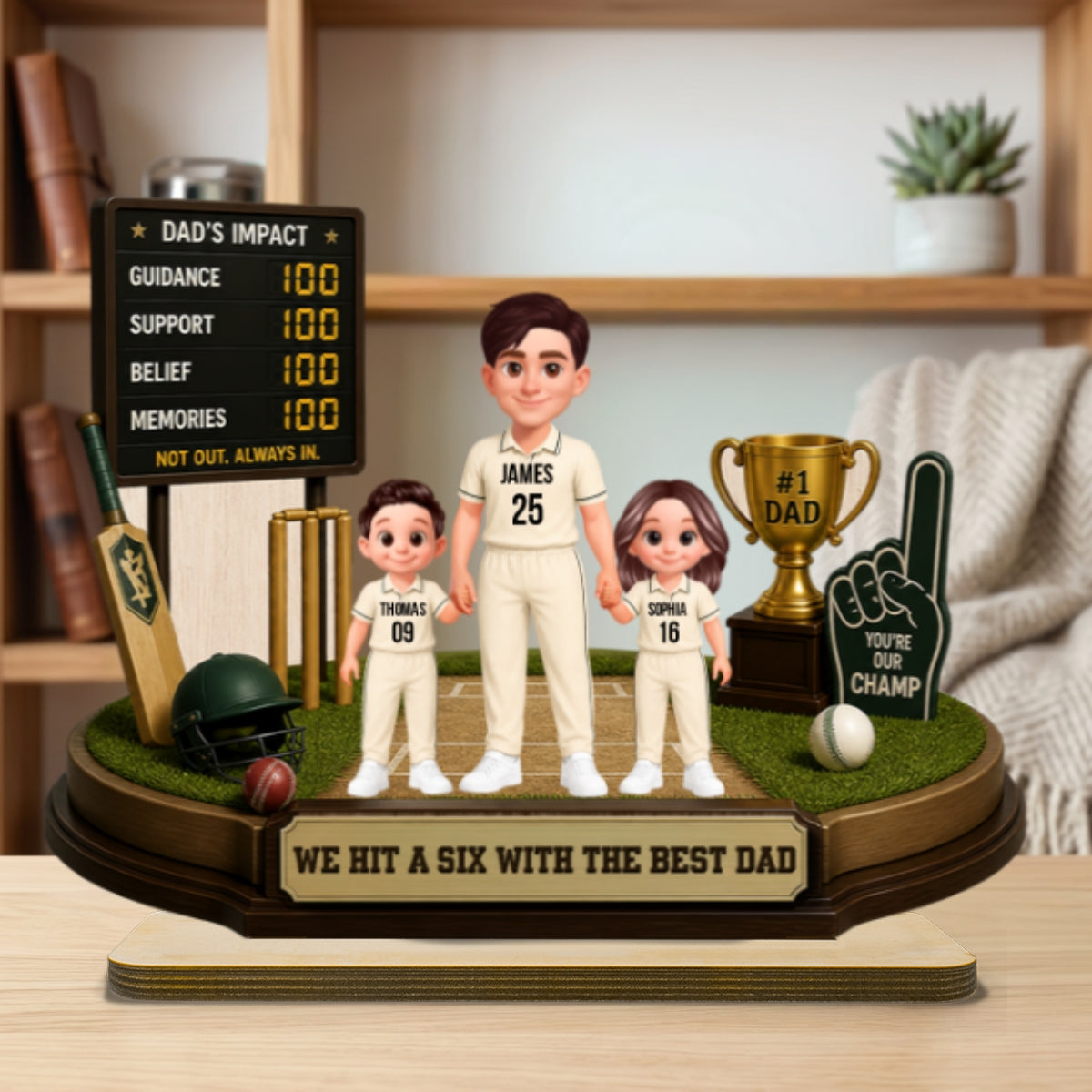 Hit A Six With The Best Dad Cricket Dad & Kids - Personalised 2-Layered Wooden Plaque - Gift For Husband, Dad