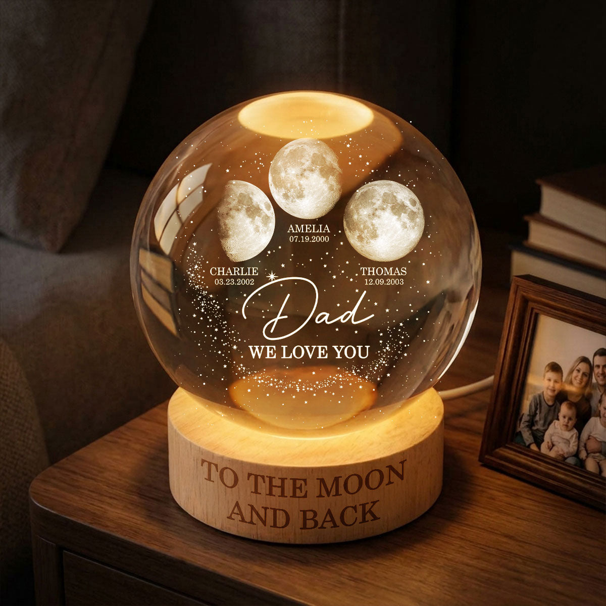 Love to the Moon and Back - Personalized Crystal Ball LED Night Light - Custom Moon Phase by Date, Gift for Dad, Husband