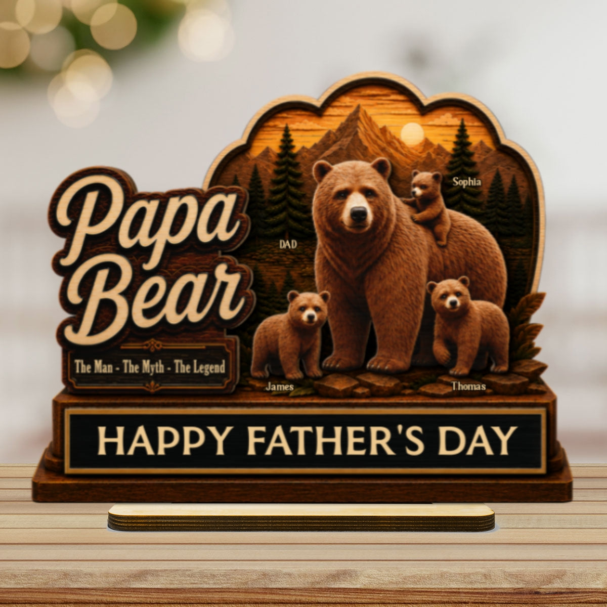 Papa Bear The Man The Myth The Legend 2D Flat - Personalized 2-Layered Wooden Plaque - Gift For Husband, Dad