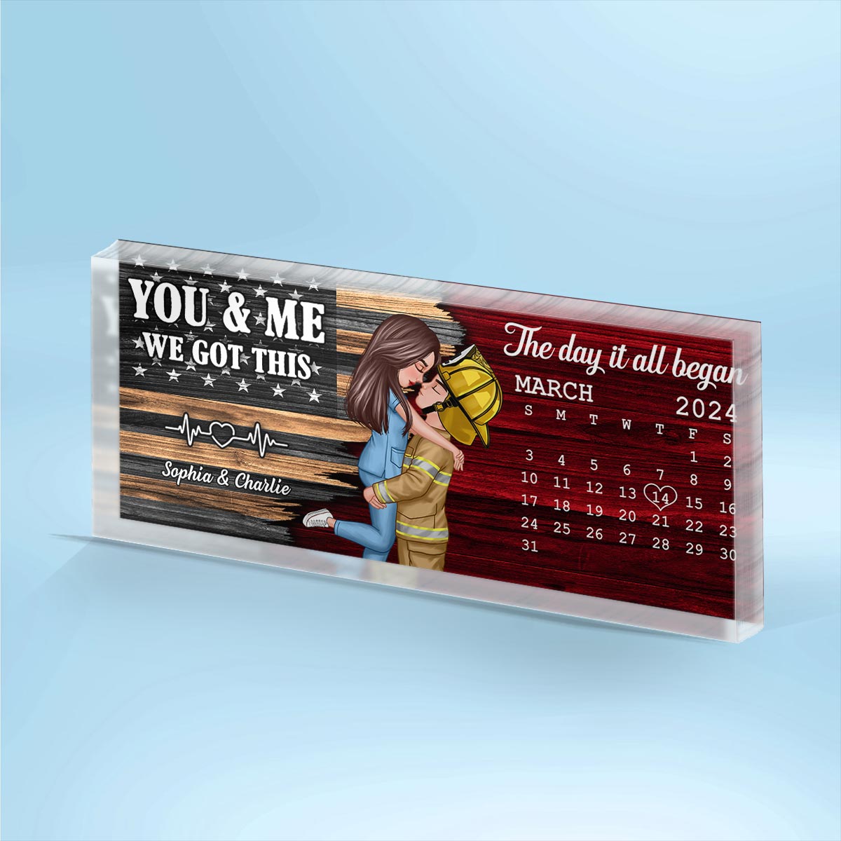Hero Couple Hugging Kissing Half Flag Anniversary Calendar Keepsake Gift by Occupation Personalized Acrylic Block Plaque