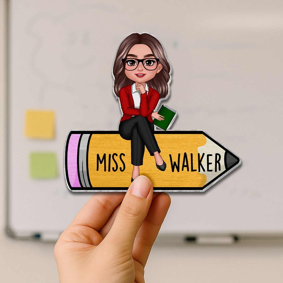 Teacher Sitting On Pencil Personalized Whiteboard Magnet, Classroom Decor