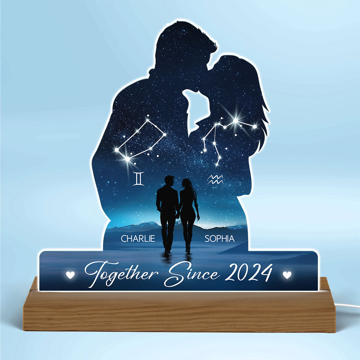 Our Love Was Written In The Stars Personalized Couple Kissing Shaped Acrylic LED Night Light, Anniversary Gift For Her, For Him, Husband, Wife