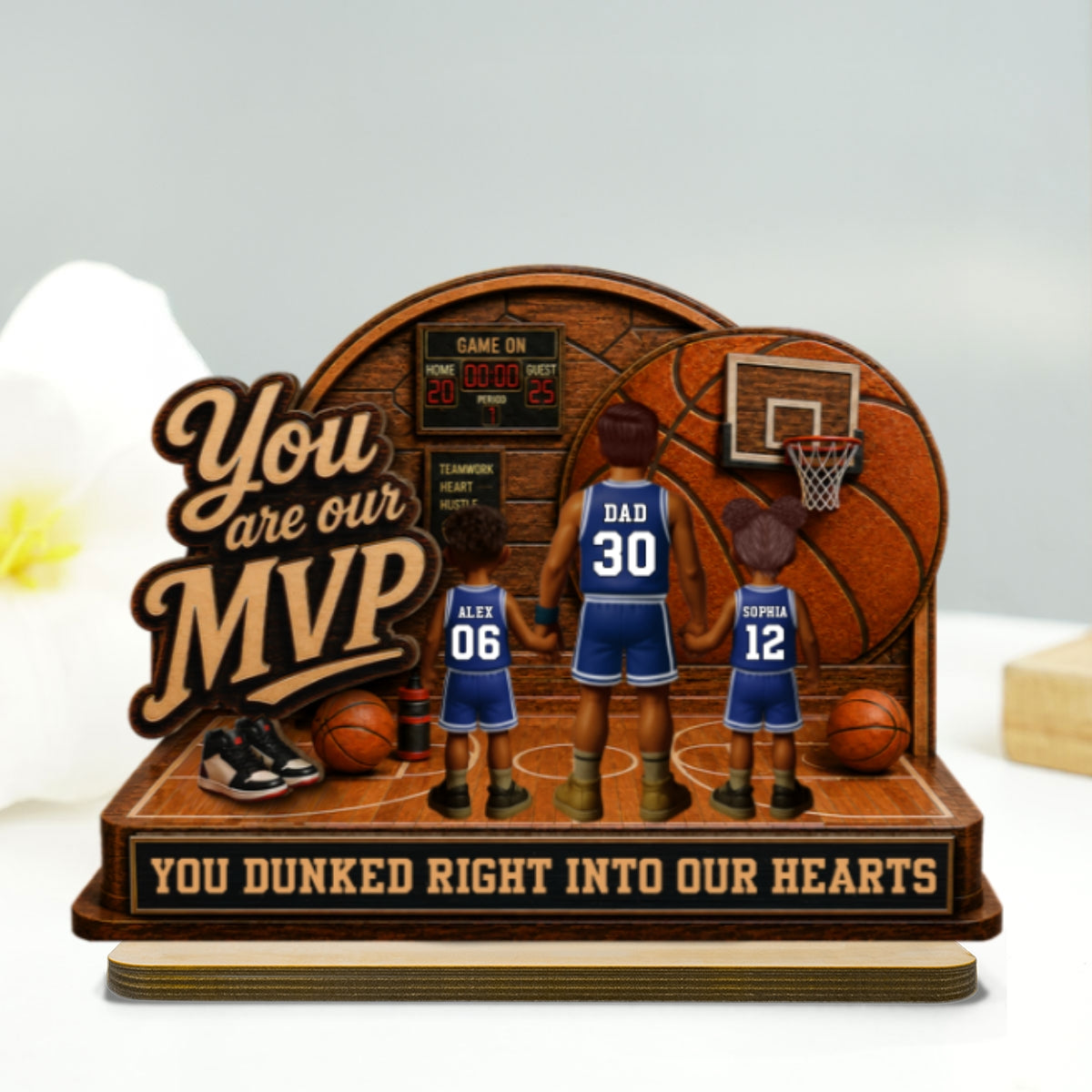 You Are Our MVP Standing Basketball Man & Kids 2D Flat - Personalized 2-Layered Wooden Plaque - Gift For Basketball Dad