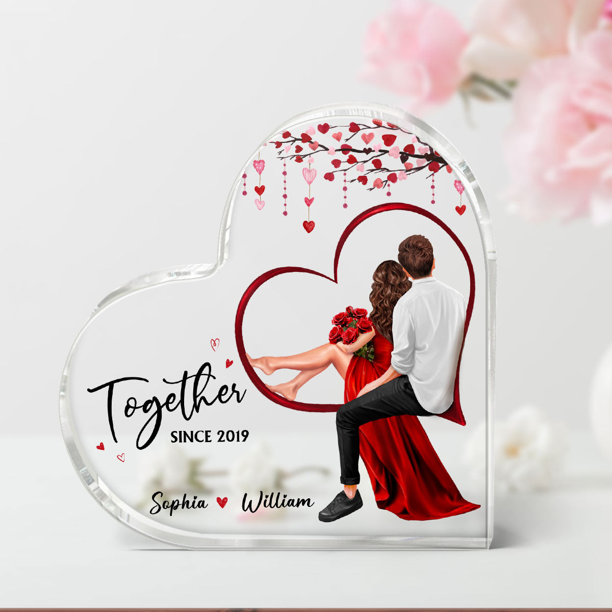 Embracing Couples Sitting On Heart Personalized Acrylic Heart Plaque, Gift, Anniversary Gift for Couples