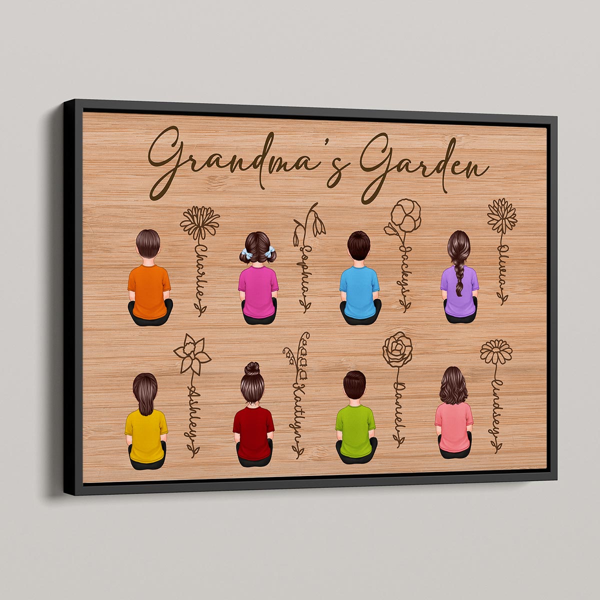 Grandkids Sitting Grandma Garden Outline Birth Month Flowers Mother‘s Day Gift Personalized Horizontal Poster