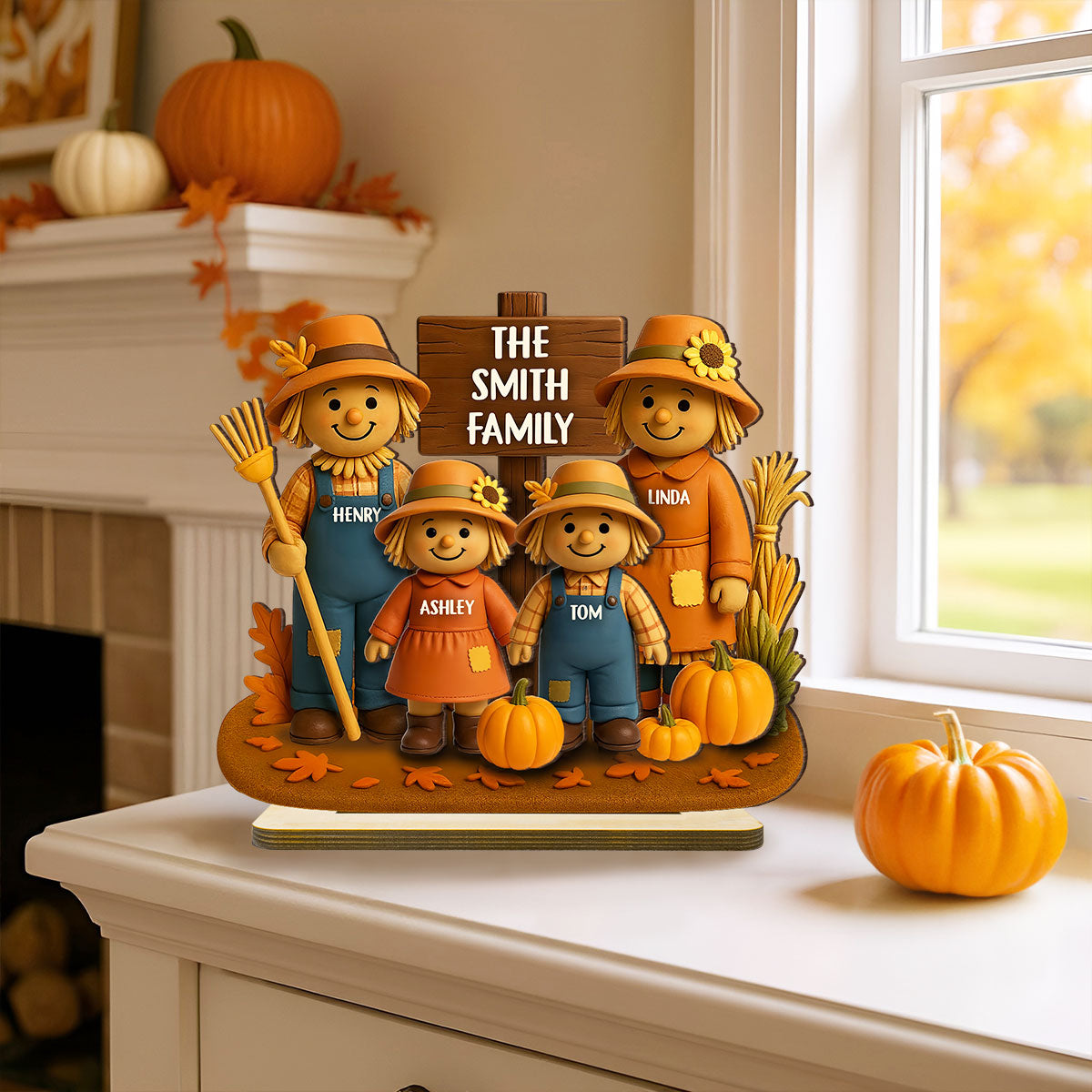 Fall Season Scarecrow Family 3D Effect Personalized 2-Layer Wooden Plaque