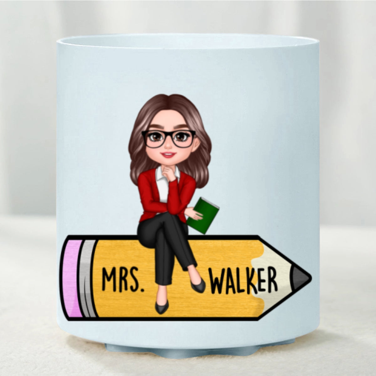 Teacher Sitting On Pencil Personalized Rotating Pen Holder, Back To School Gift, Teacher Appreciation Gift