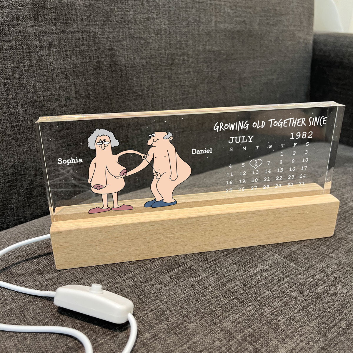 Growing Old Together Funny Old Couple Anniversary Calendar Keepsake Gift Personalized Acrylic Block LED Night Light