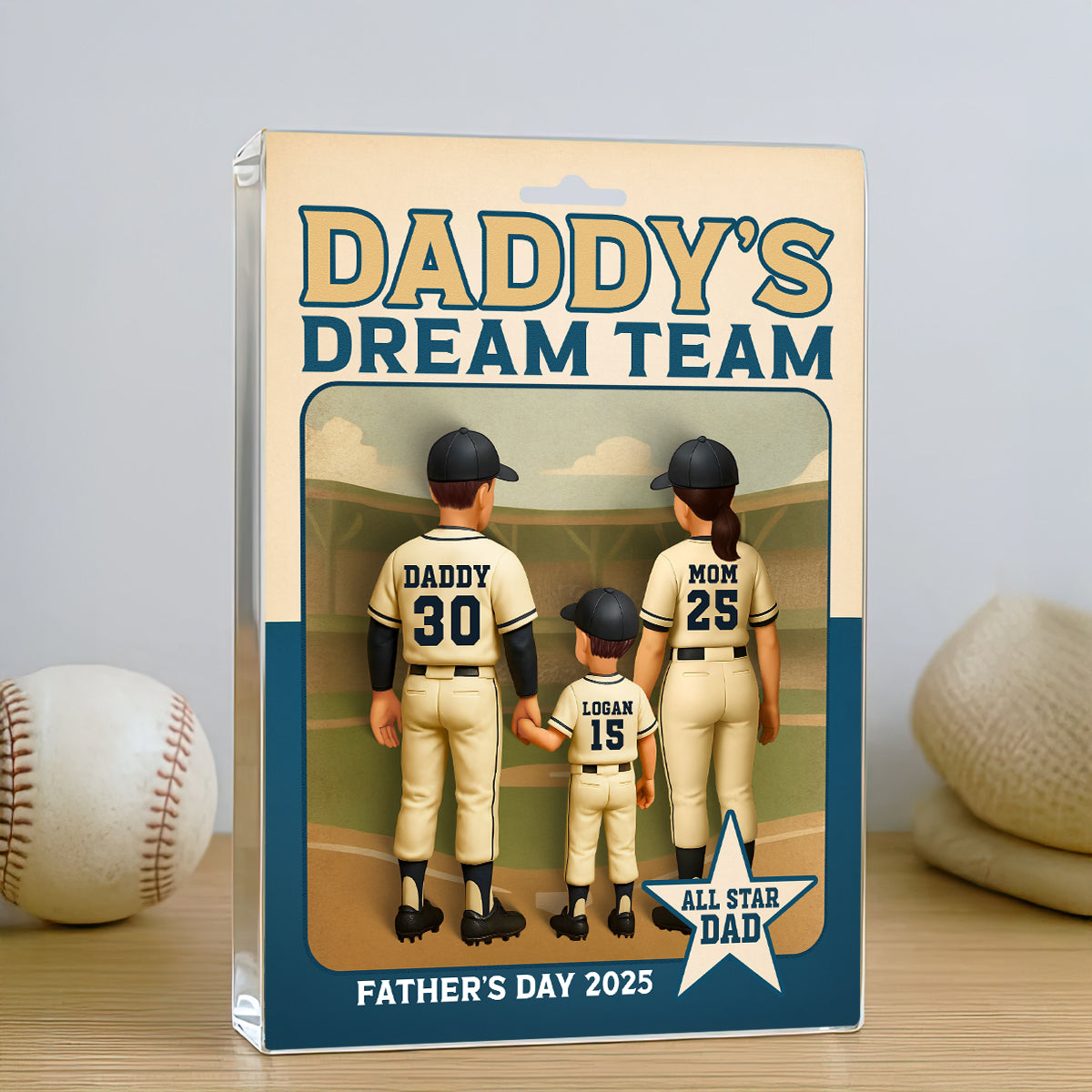 Daddy's Dream Team Baseball Card Personalized Acrylic Block Plaque, Gift for Baseball Dad