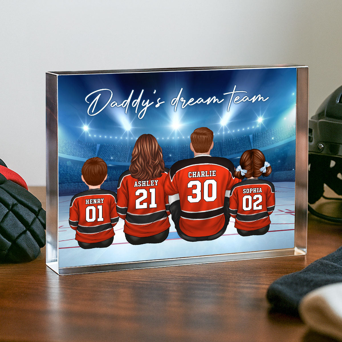 Daddy's Team Hockey Family Sitting Personalized Acrylic Block, Unique Gift for Dad, Gift for Husband