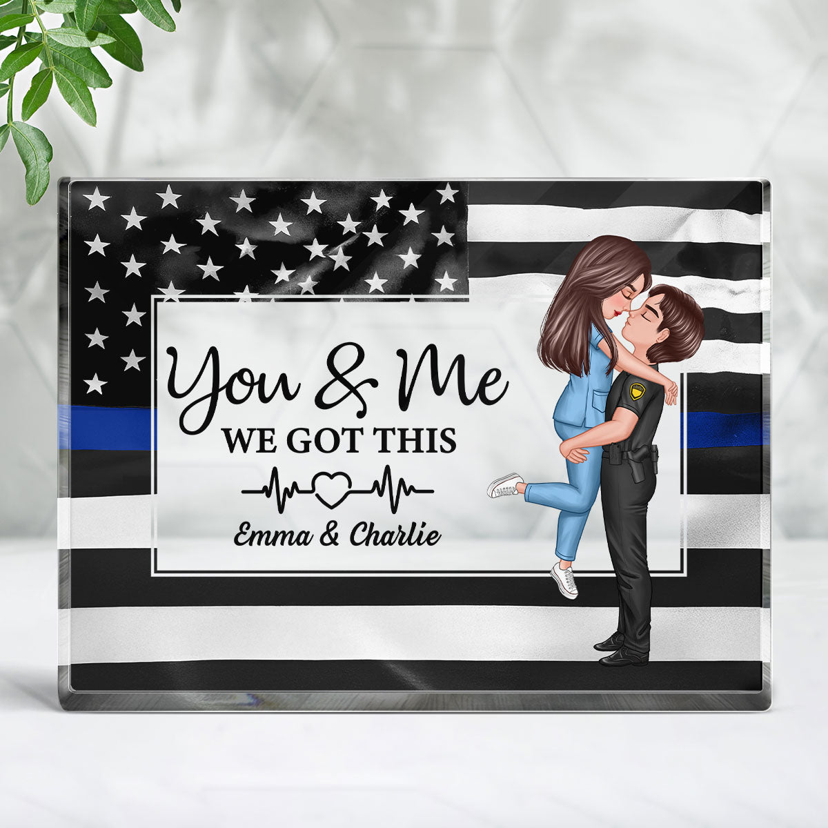 Hero Couple Patriotic USA Flag Personalized Acrylic Block Plaque, Anniversary Gift For Him, For Her
