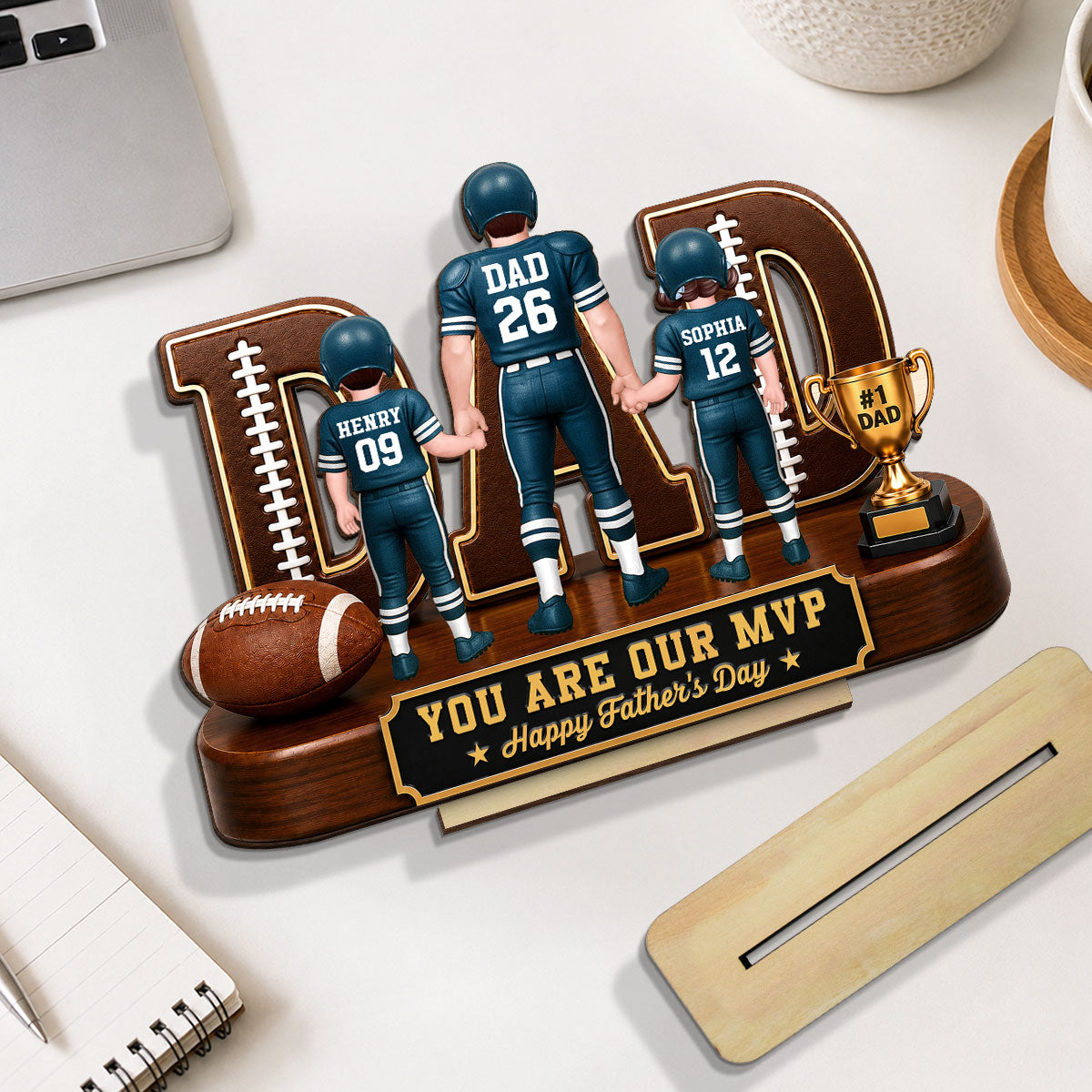 American Football No 1 Dad Legend Daddy's Dream Team - Personalized 2-Layered Wooden Plaque - Gift For Dad