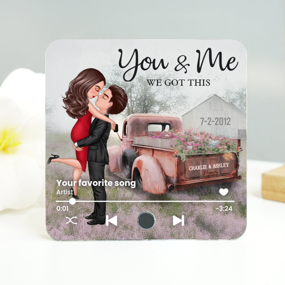 Red Vintage Truck Farmhouse Couple Hugging Kissing Personalized Music Fridge Magnet, Anniversary Gift For Him, For Her
