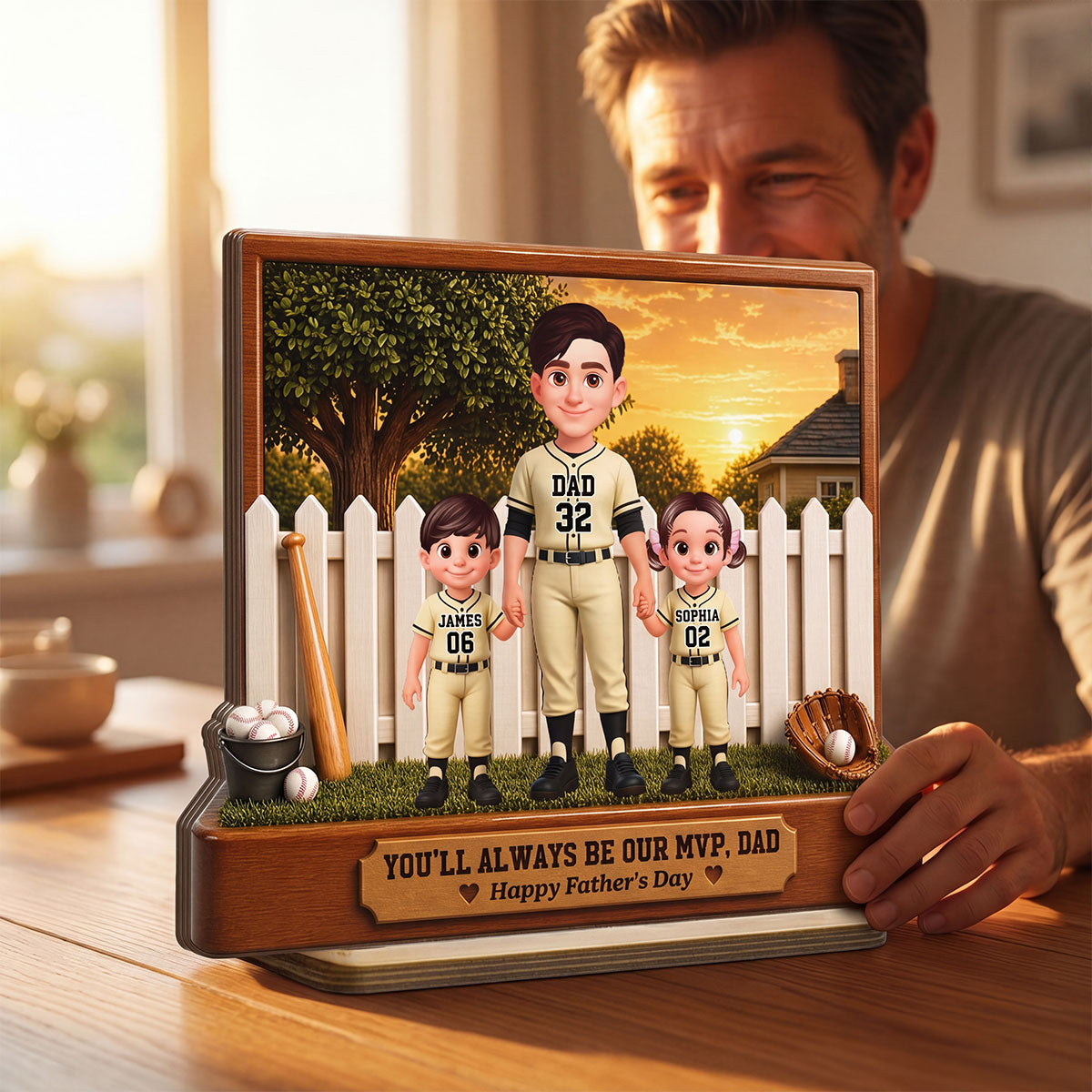 Baseball Dad And Kids Backyard We Caught The Best Dad - Personalized 2-Layered Wooden Plaque - Gift For Dad