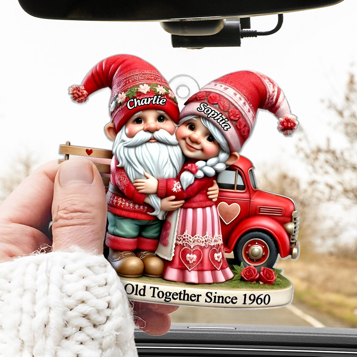 3D Effect Gnome Old Couple And Truck Personalized Car Hanger Ornament, Gift For Couple, For Him, For Her, Husband, Wife