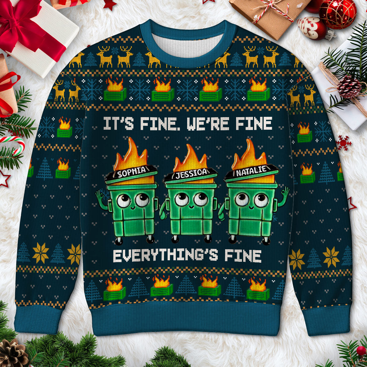 I'm Fine Everything Is Fine Dumpster Fire Funny Office Staff - Personalized Faux Knitting Ugly Sweater - Christmas Costume