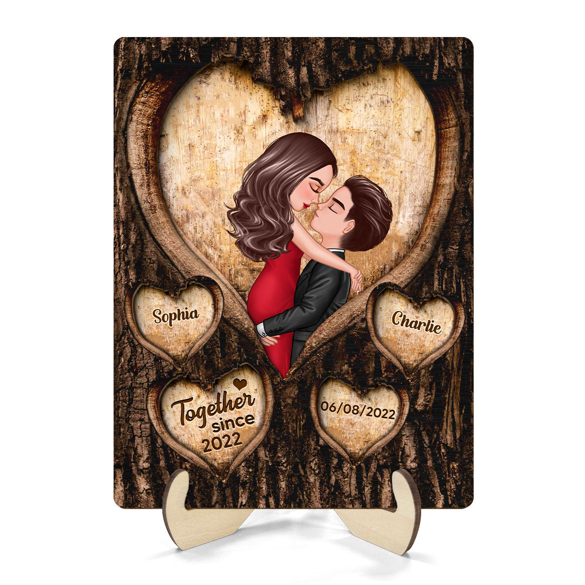 Couple Kissing Hearts Engraved On Tree Personalized 2-layer Wooden Plaque, Gift For Him, For Her
