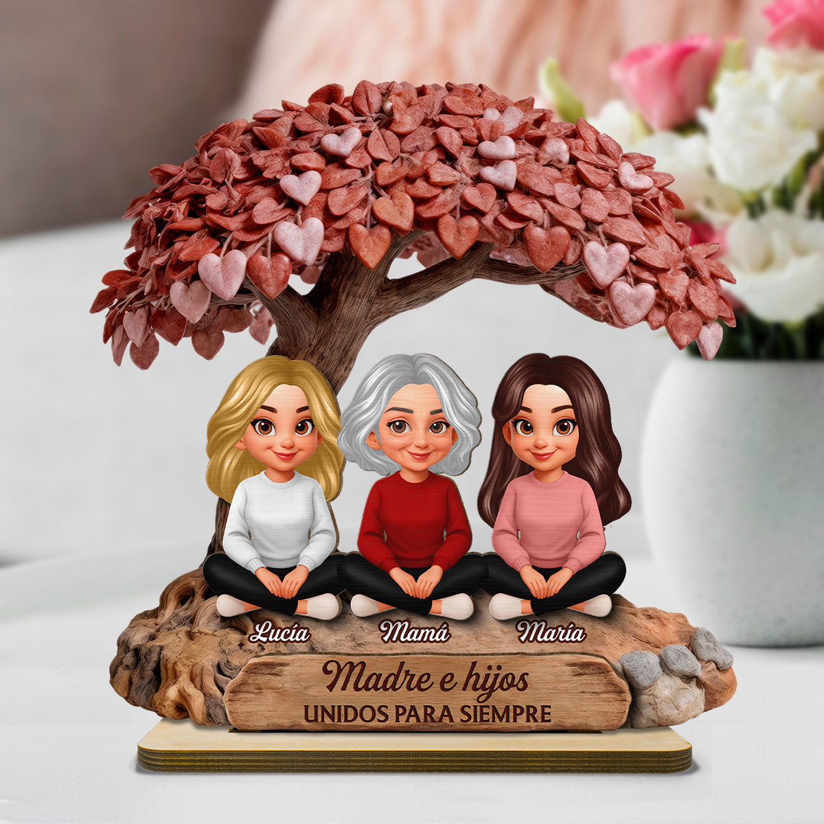 Mam y Hija Hijo Bajo el rbol del Corazn - Placa de Madera Personalizada de 2 Capas - Regalo para Mam