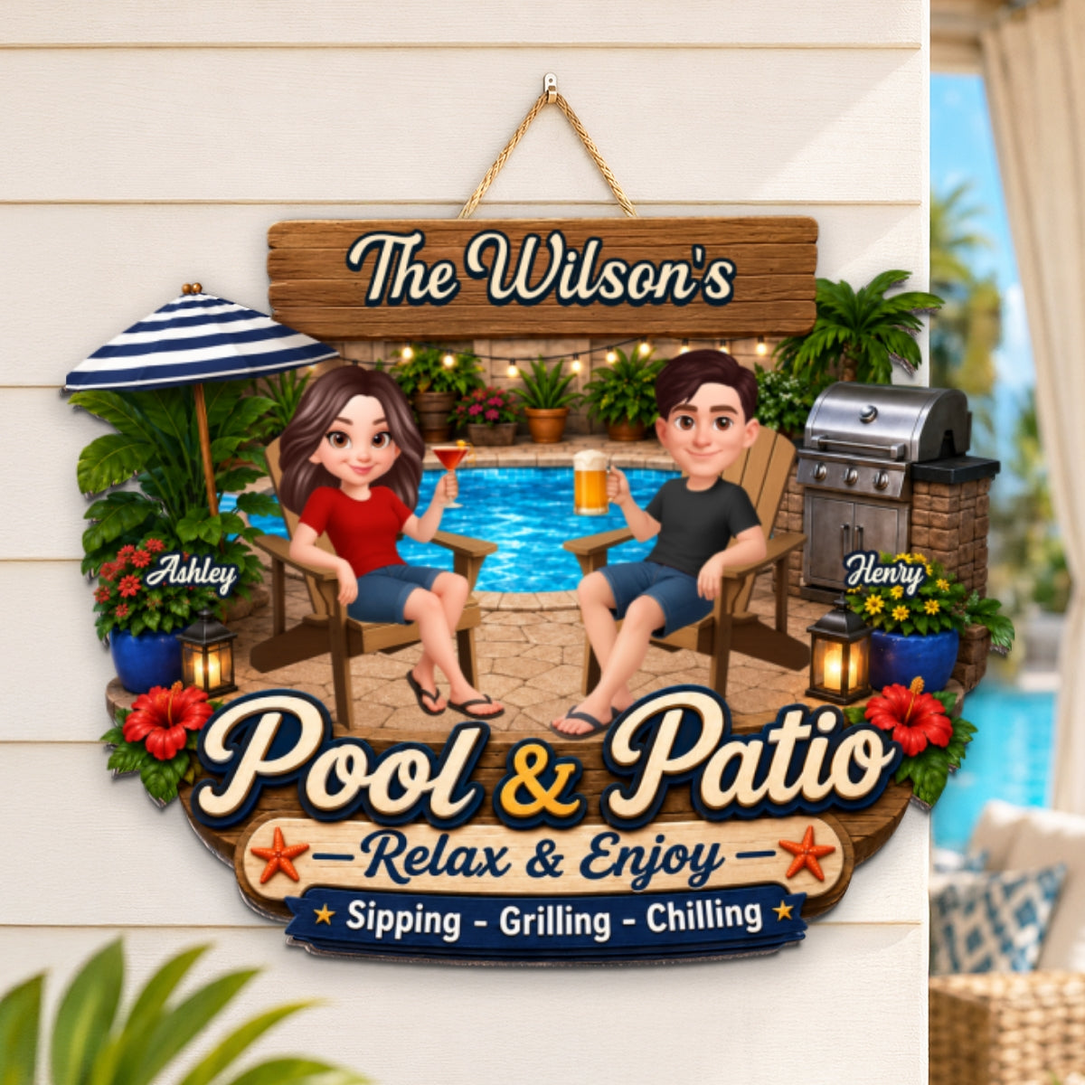Welcome To Our Pool & Patio - Personalized Wood Sign - Gift For Couple, Summer Patio Pool Decoration