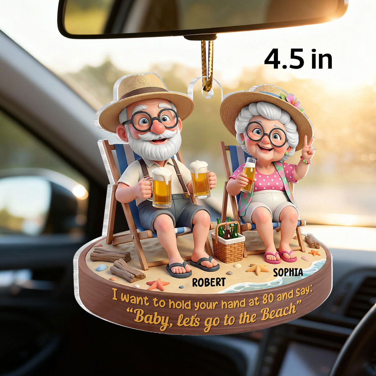 3D Effect Old Couple Baby Let's Go to the Beach - Personalized Acrylic Car Hanger - Sentimental Gift for him, for her