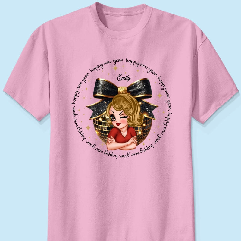 Happy New Year 2025 Black And Gold Glitter Disco Ball Personalized Shirt, New Year Gift For Yourself
