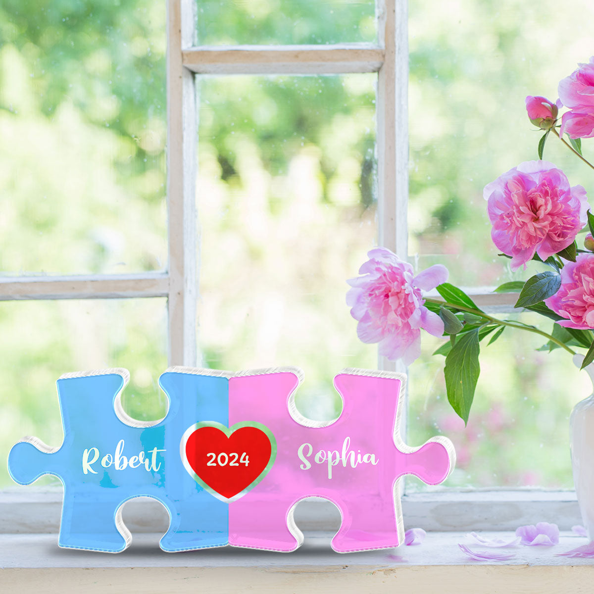 Love Is The Piece That Holds Us Together Acrylic Block Plaque, Personalize Couple Puzzle Name Sign, Gift For Him, For Her, Wedding Gift