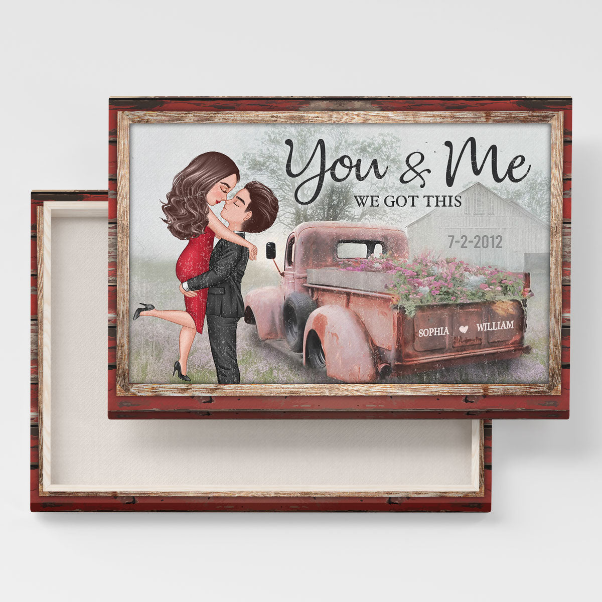 Red Vintage Truck Farmhouse Couple Hugging Kissing Personalized Canvas Print, Anniversary Gift For Him, For Her