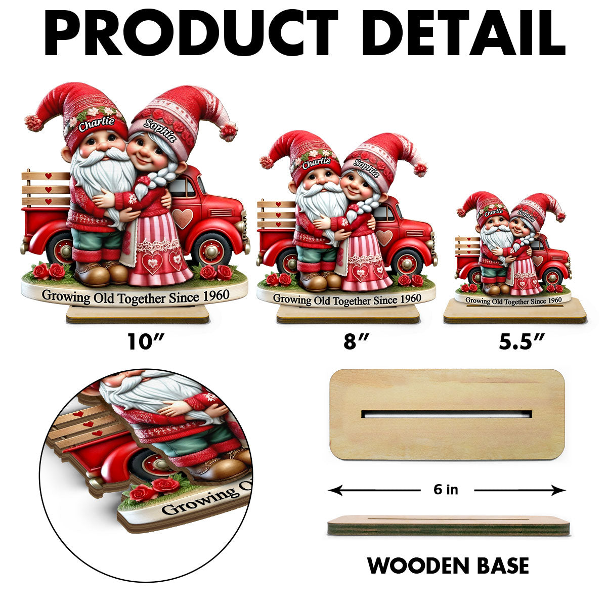 3D Effect Gnome Couple Truck Personalized 2-Layer Standing Wooden Plaque, Heartfelt Gift For Her, For Wife