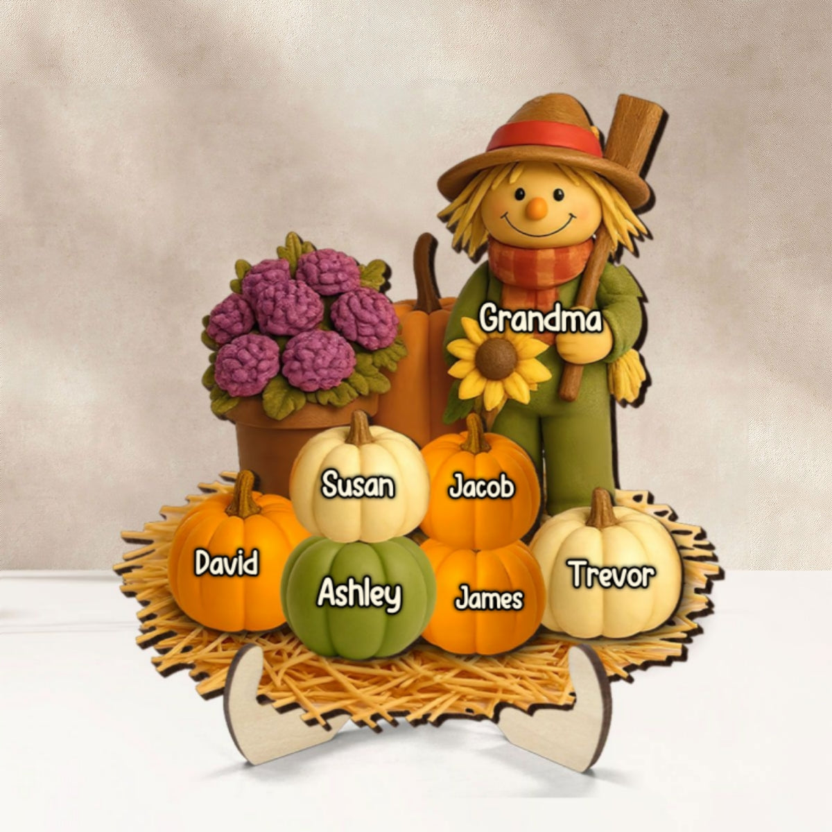 Fall Scarecrow Grandma with Pumpkins Grandkids Names 3D Effect Personalized 2-Layer Wooden Plaque