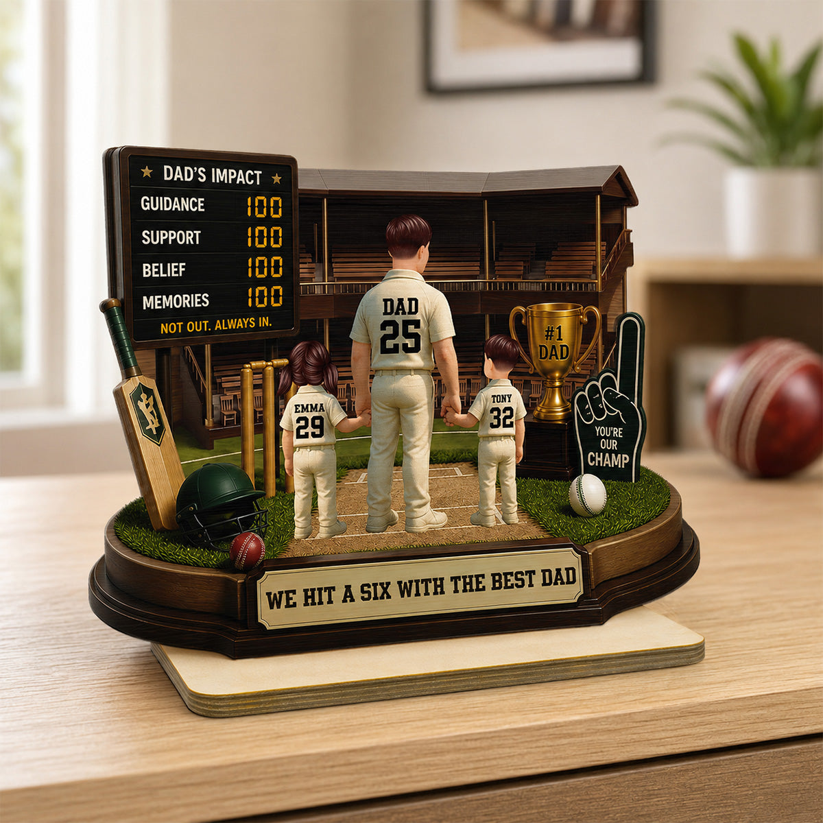 Hit A Six With The Best Dad Cricket Dad - Personalised 2-Layered Wooden Plaque - Gift For Husband, Dad