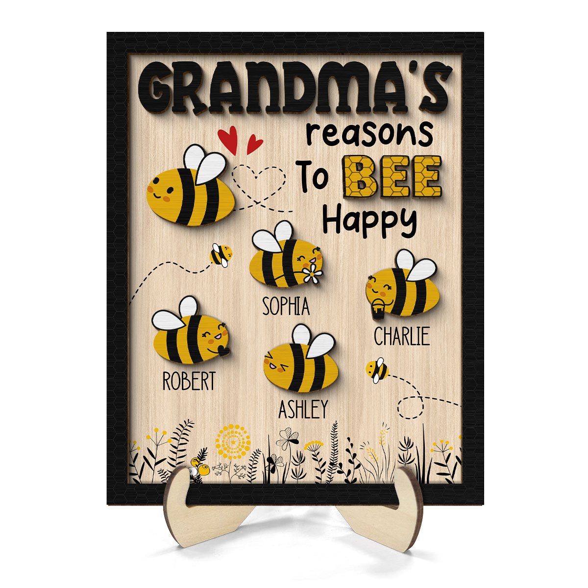 Grandma‘s Reason To Bee Happy Personalized 2-layer Wooden Plaque