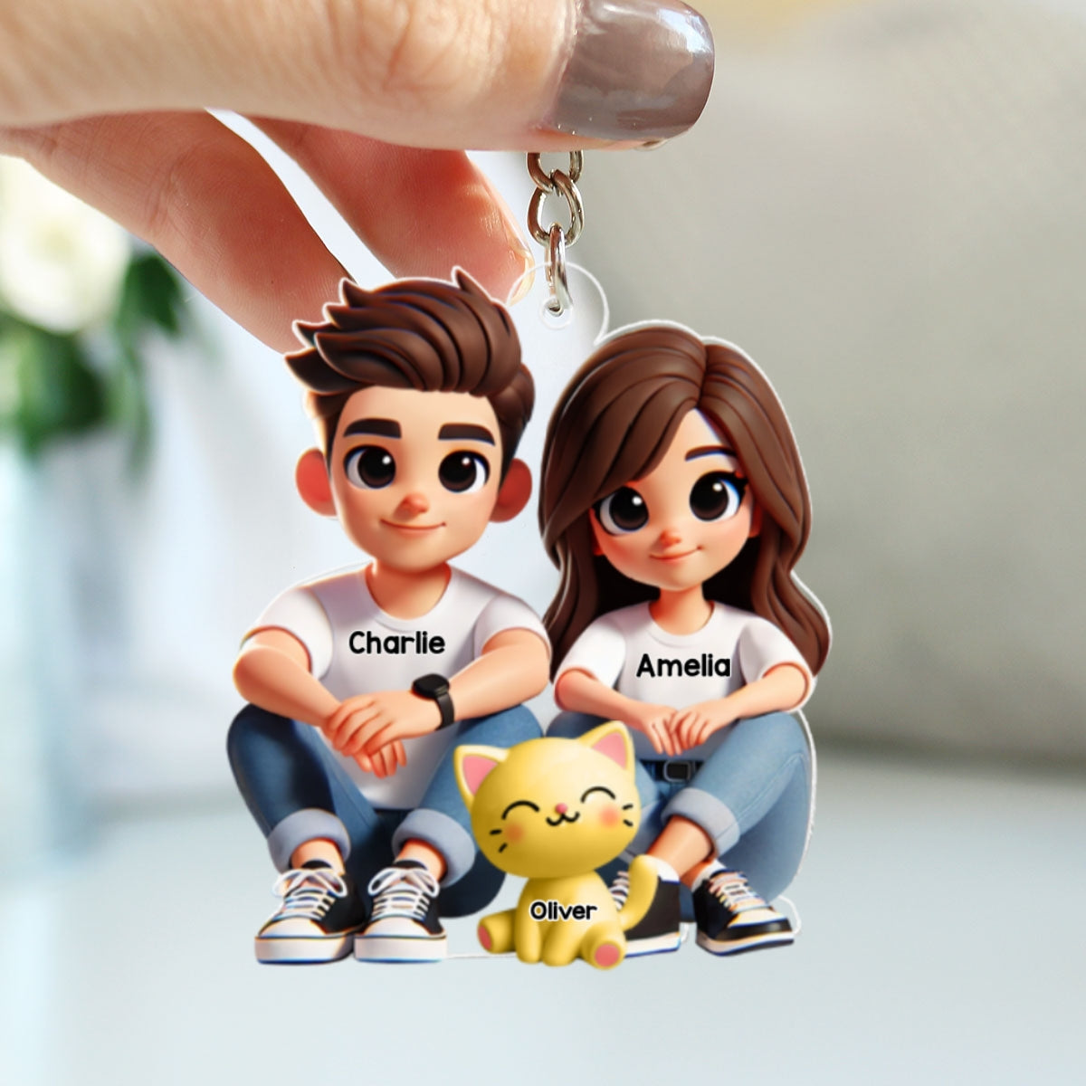 3D Effect Cute Couple And Dogs Cats Sitting Personalized Acrylic Keychain, Anniversary Gift, gift