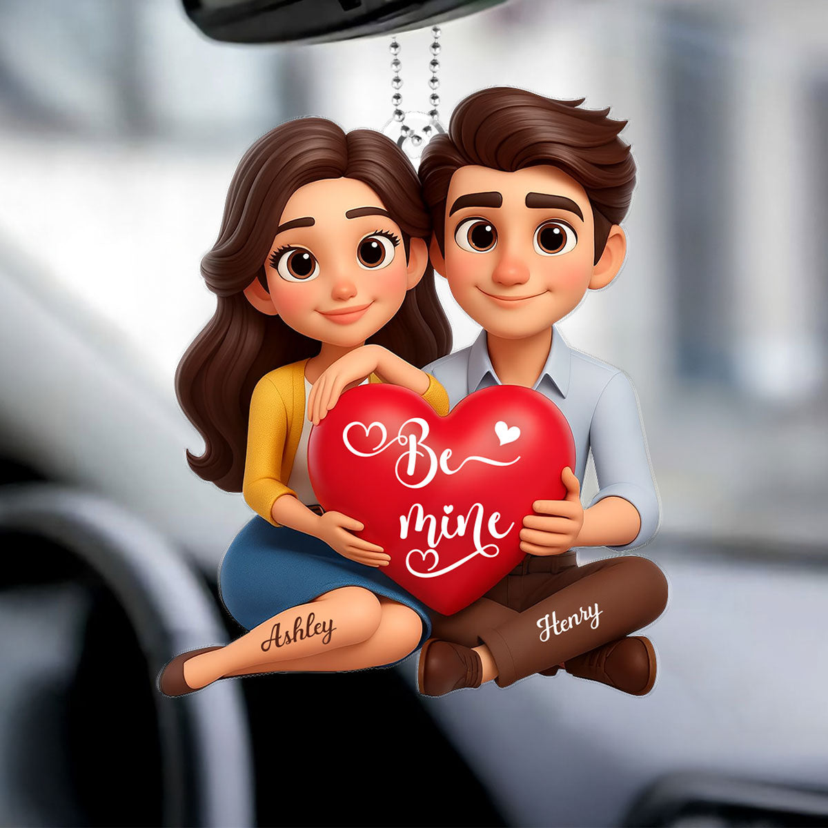 Eternal Love Cartoon Couple Sitting - Personalized Acrylic Car Hanger - Sentimental Gift for him, for her