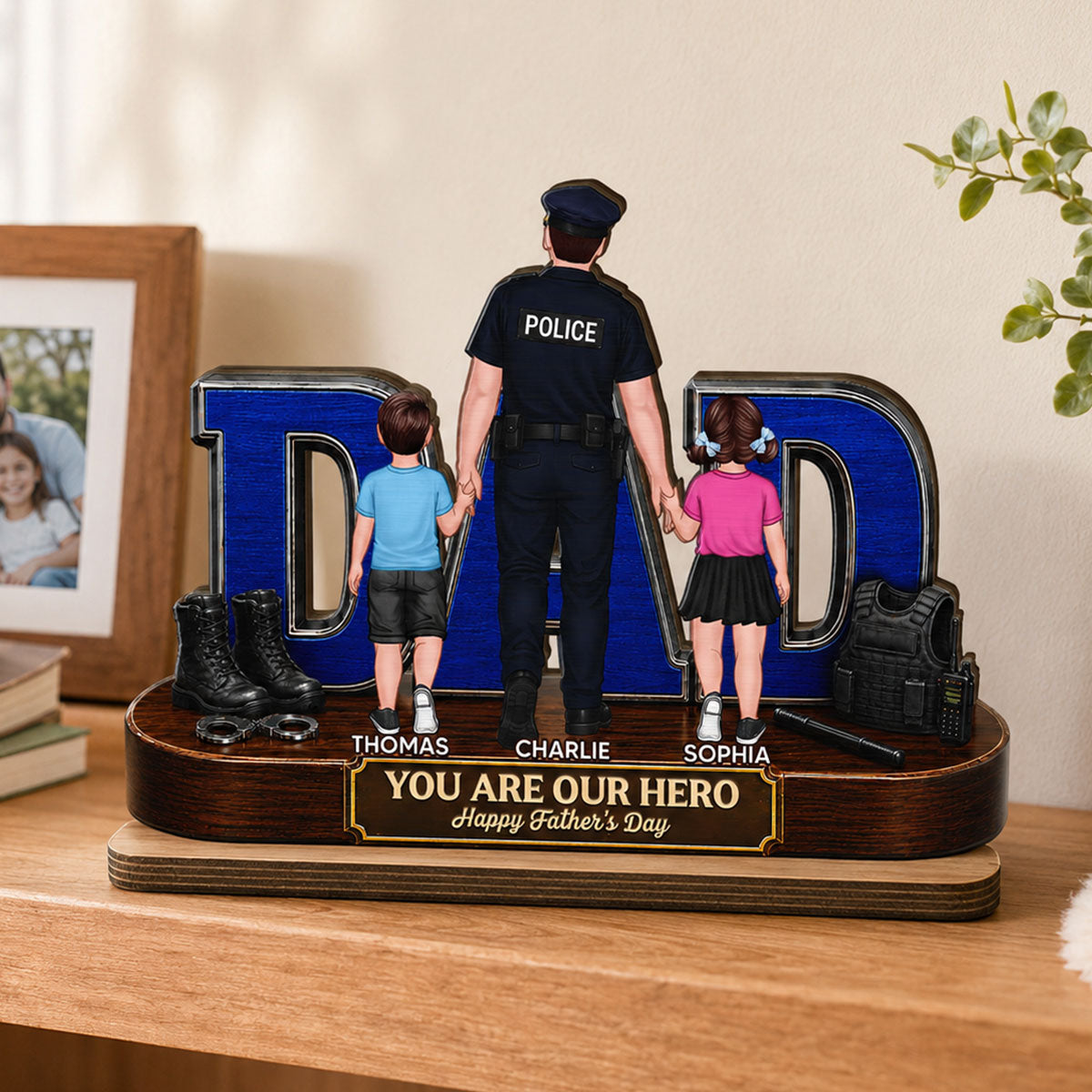 Proud American Police Dad You Are Our Hero - Personalized 2-Layered Wooden Plaque - Unique Trending Gift For Dad, Husband