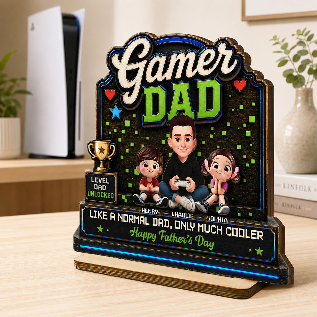 Gamer Dad & Kids - Personalized 2-Layered Wooden Plaque - Gift For Gamer Dad