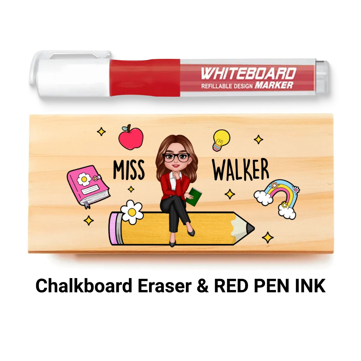 Teacher Sitting on Pencil Personalized Teacher Whiteboard Eraser, Custom Teacher Appreciation Gifts, Chalkboard Eraser with Marker
