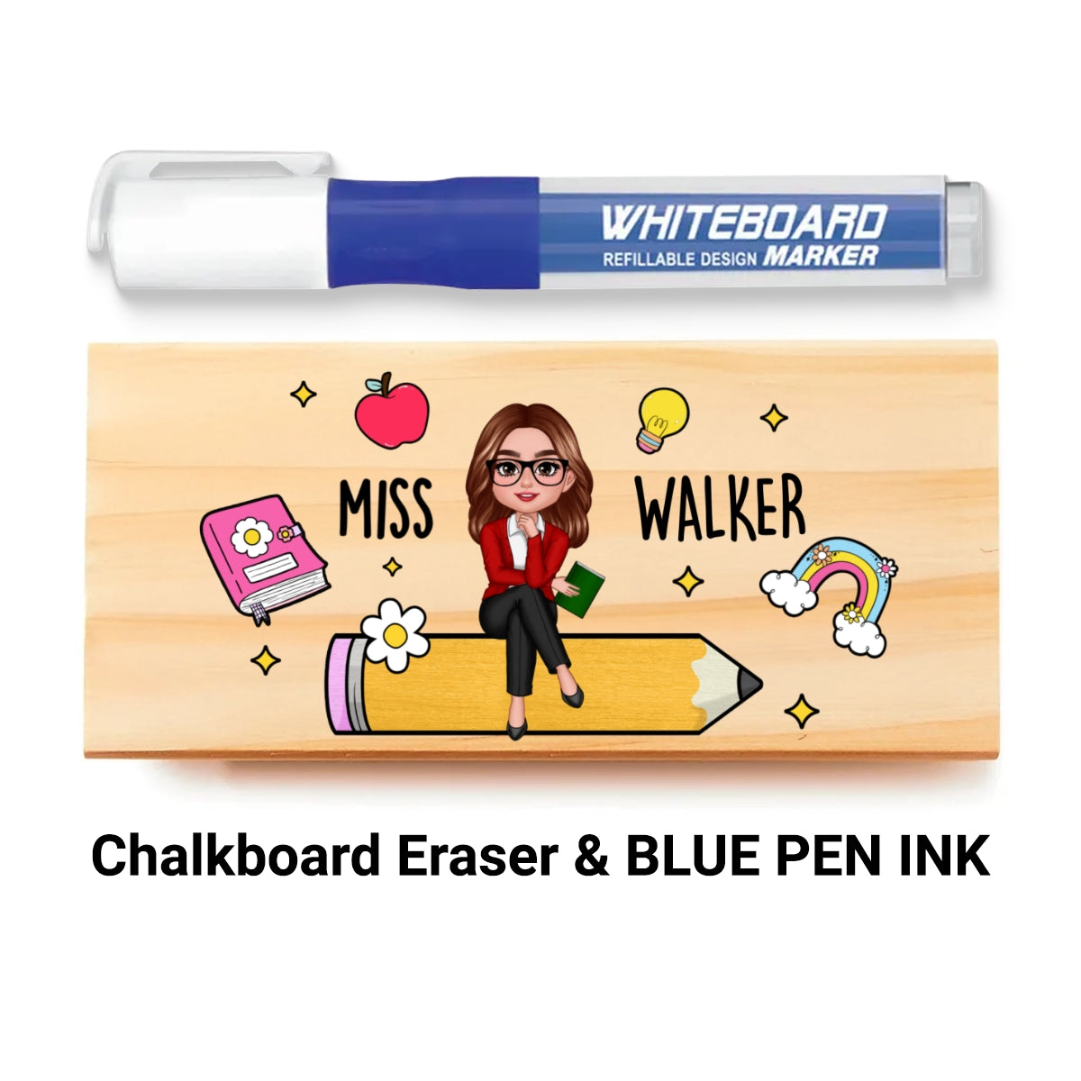 Teacher Sitting on Pencil Personalized Teacher Whiteboard Eraser, Custom Teacher Appreciation Gifts, Chalkboard Eraser with Marker