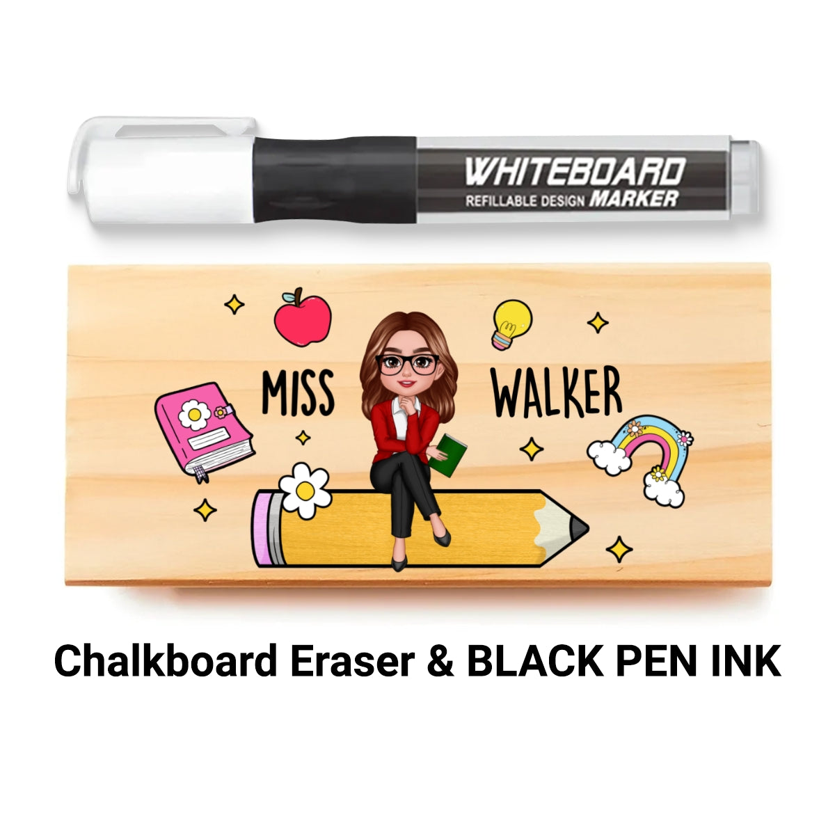 Teacher Sitting on Pencil Personalized Teacher Whiteboard Eraser, Custom Teacher Appreciation Gifts, Chalkboard Eraser with Marker