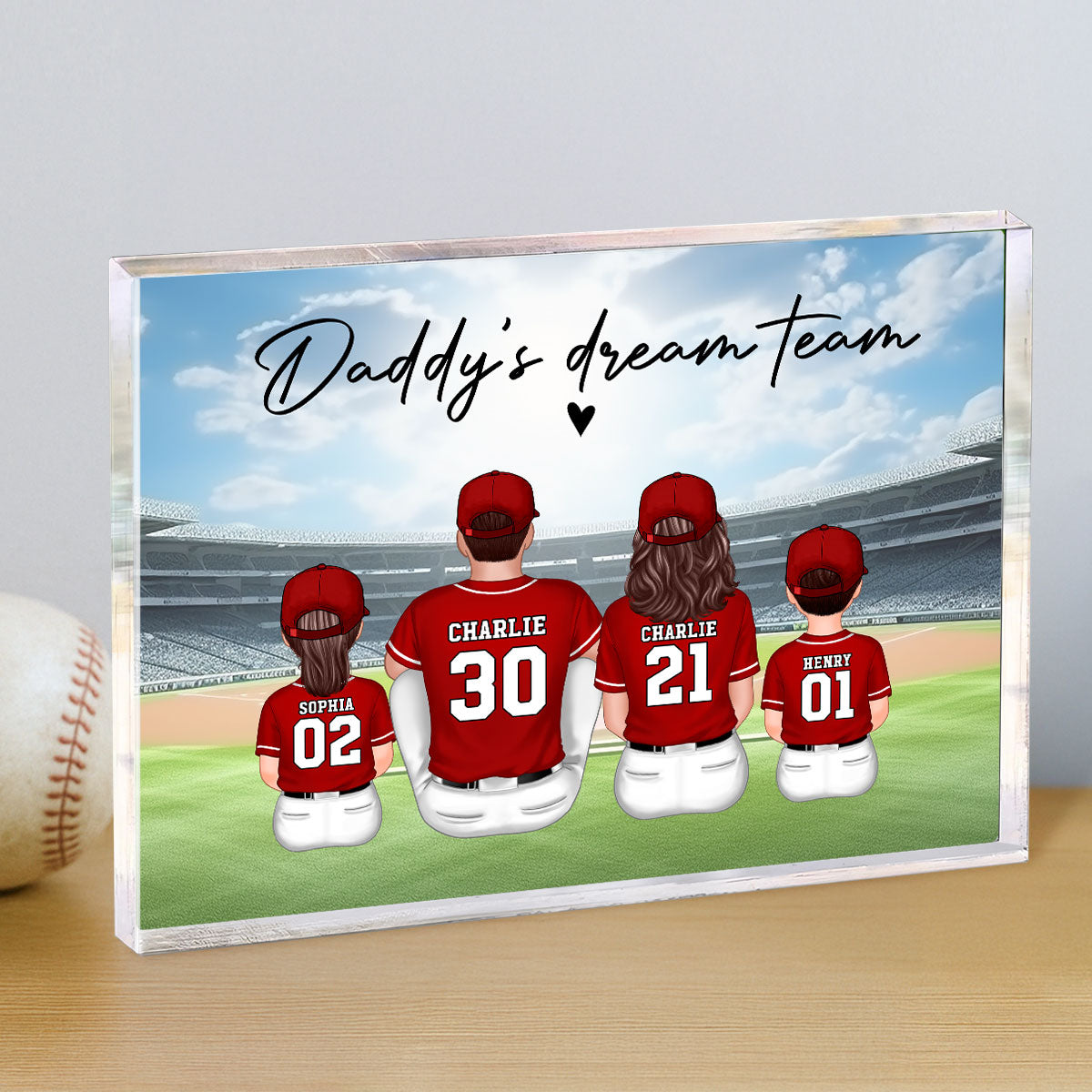 Daddy's Team Baseball Family Sitting Personalized Acrylic Block, Unique Gift for Dad, Gift for Husband