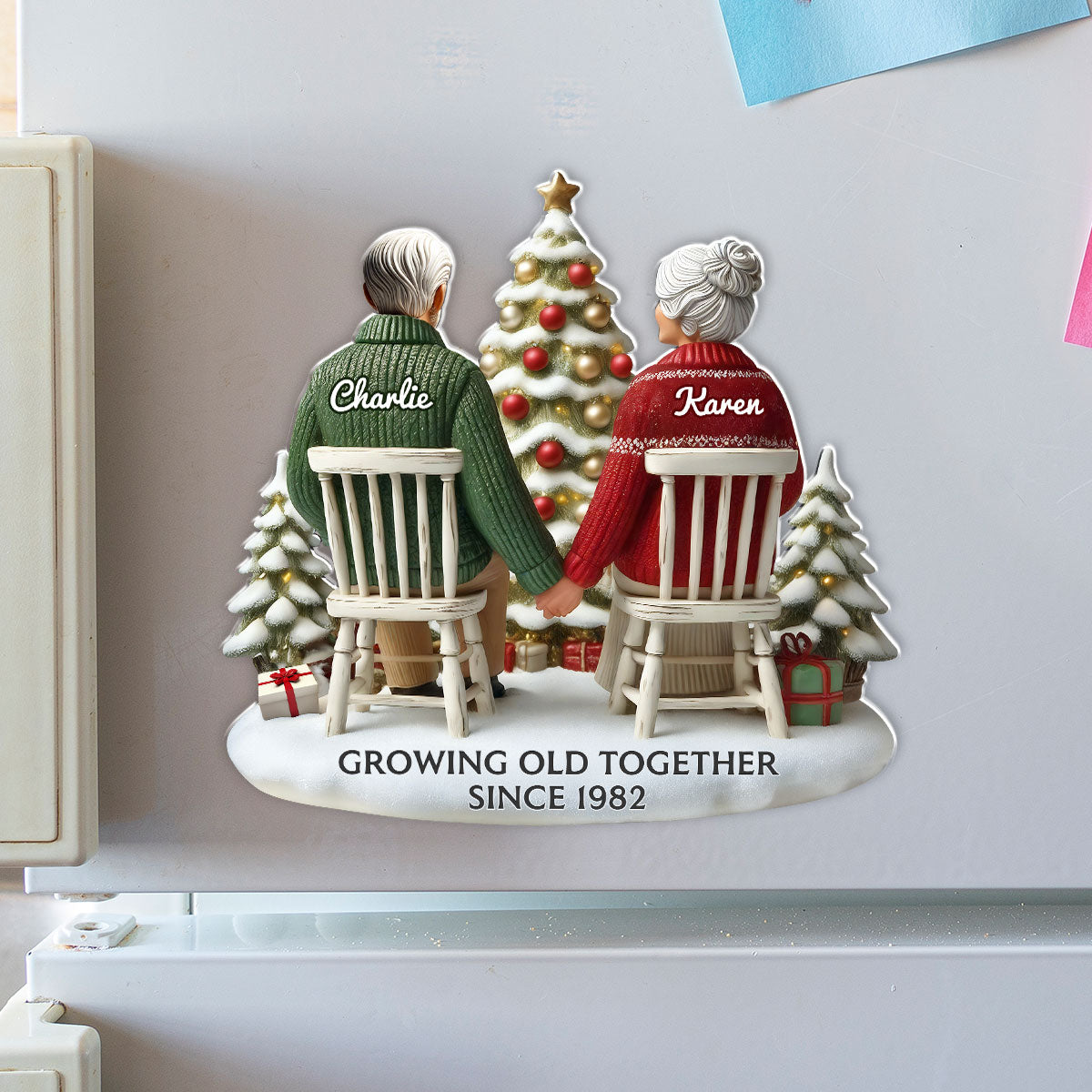3D Back View Couple Growing Old Together Personalized Acrylic Fridge Magnet, 2025 Heartfelt Gift, Anniversary Gift For Couple, For Him, For Her, Husband, Wife