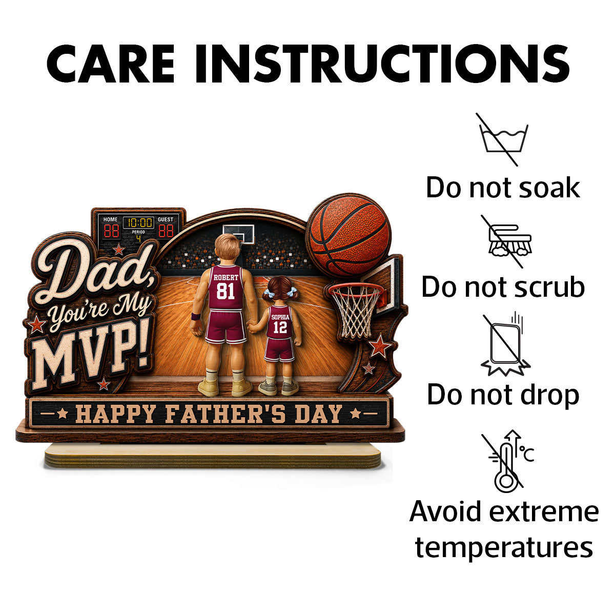 Dad You Are Our MVP Standing Basketball Man & Kids 2D Flat - Personalized 2-Layered Wooden Plaque - Gift For Basketball Dad