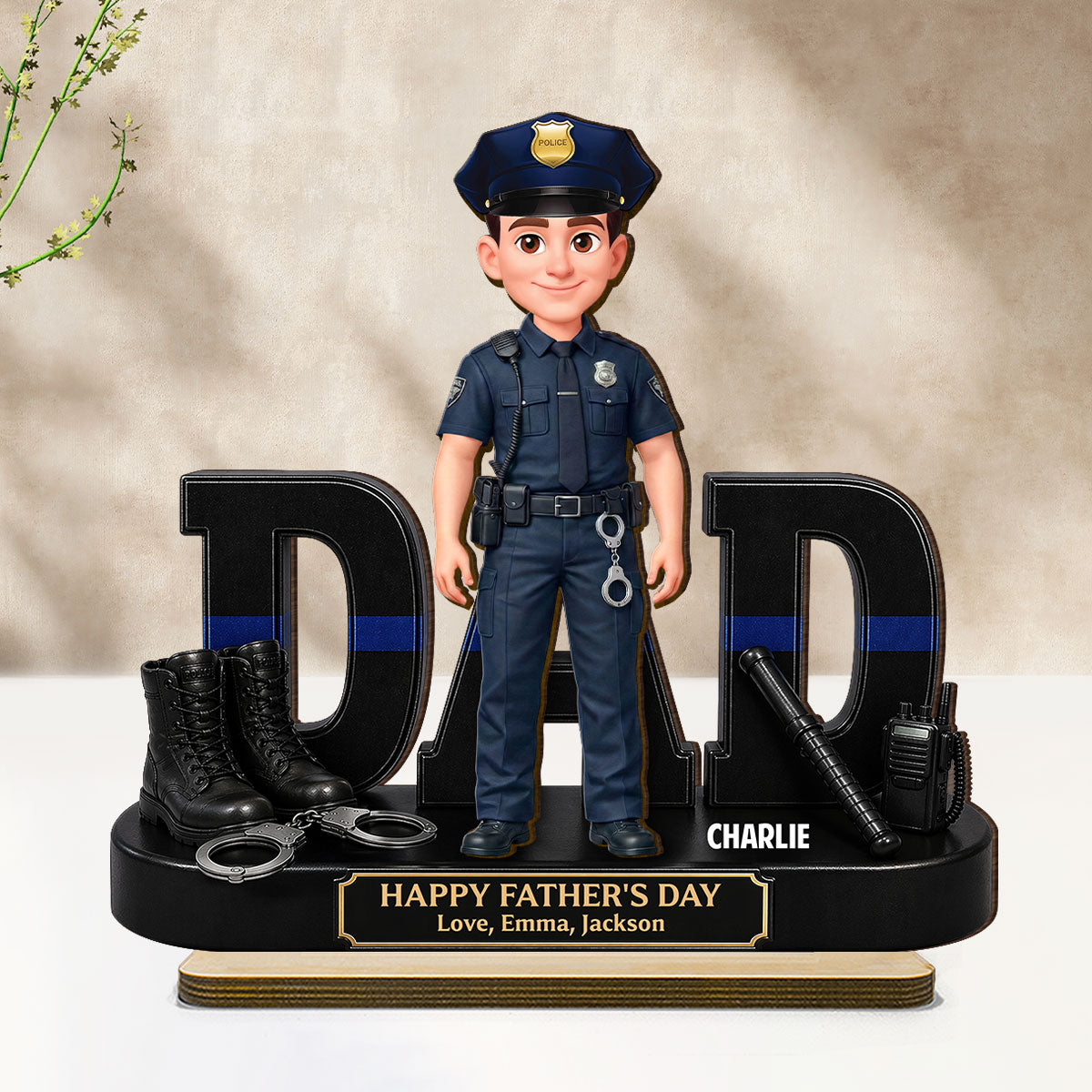 Proud American Police Officer Dad - Personalized 2-Layered Wooden Plaque - Gift For Dad