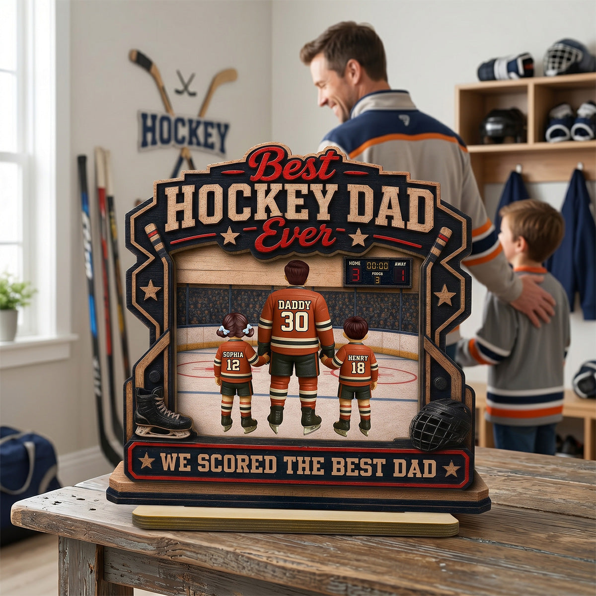 We Scored The Best Dad Hockey Dad & Kids - Personalized 2-Layered Wooden Plaque - Gift For Hockey Dad
