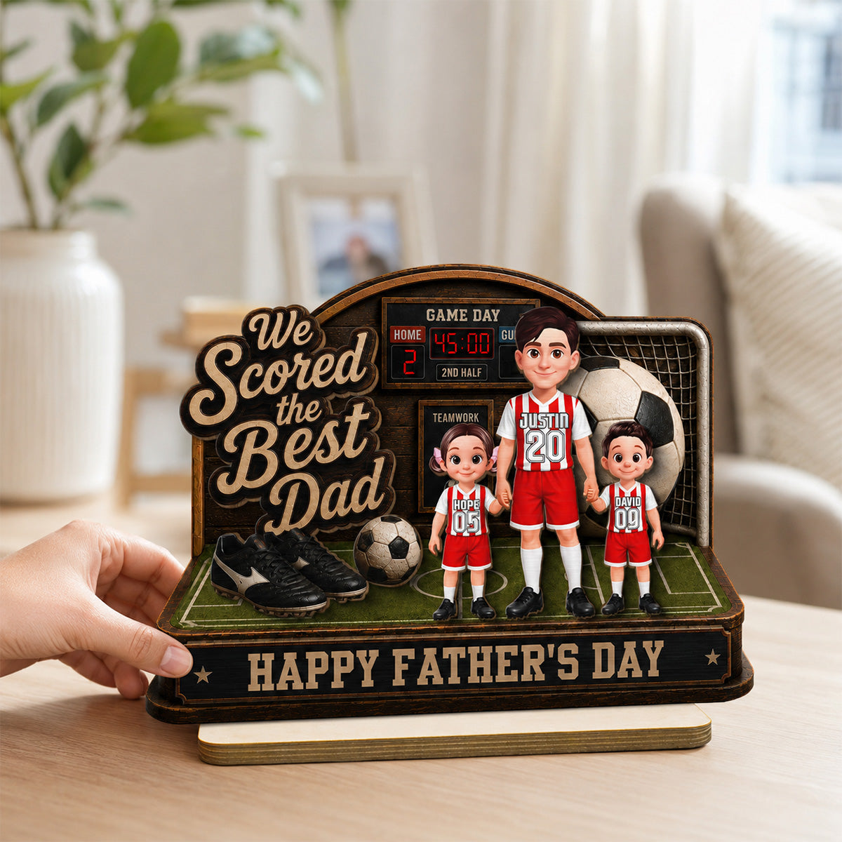 Soccer Dad & Kids On Court 2D Flat - Personalized 2-Layered Wooden Plaque - Gift For Soccer Dad, UK Football Dad