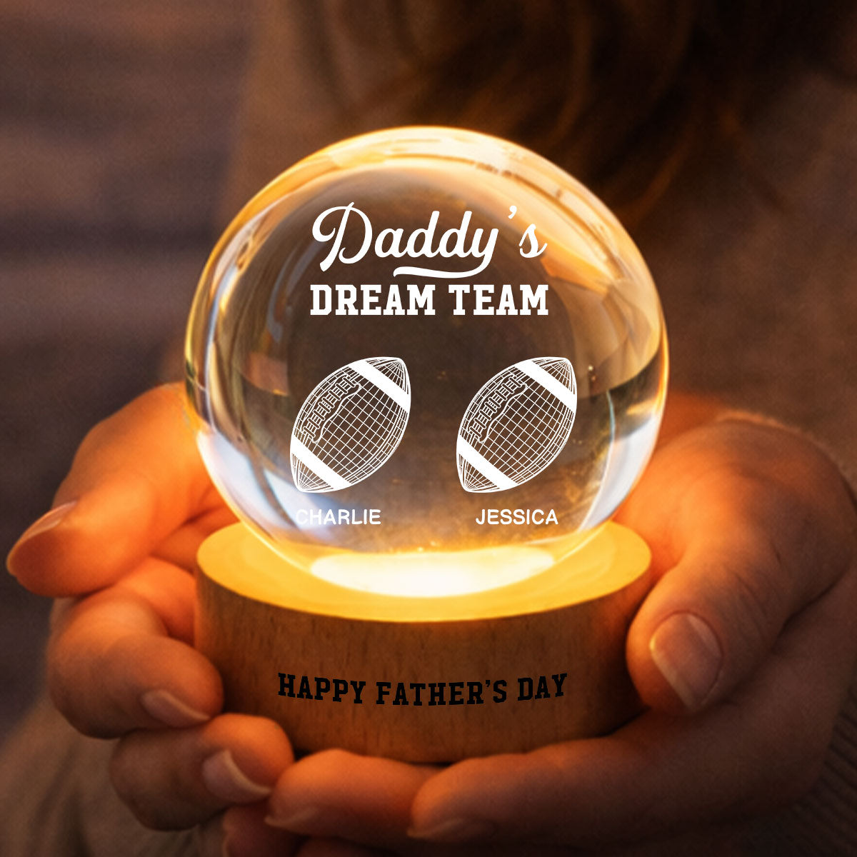 American Football Daddy's Dream Team Illusion Style - Personalized Crystal Ball LED Night Light - Gift For Dad, Husband