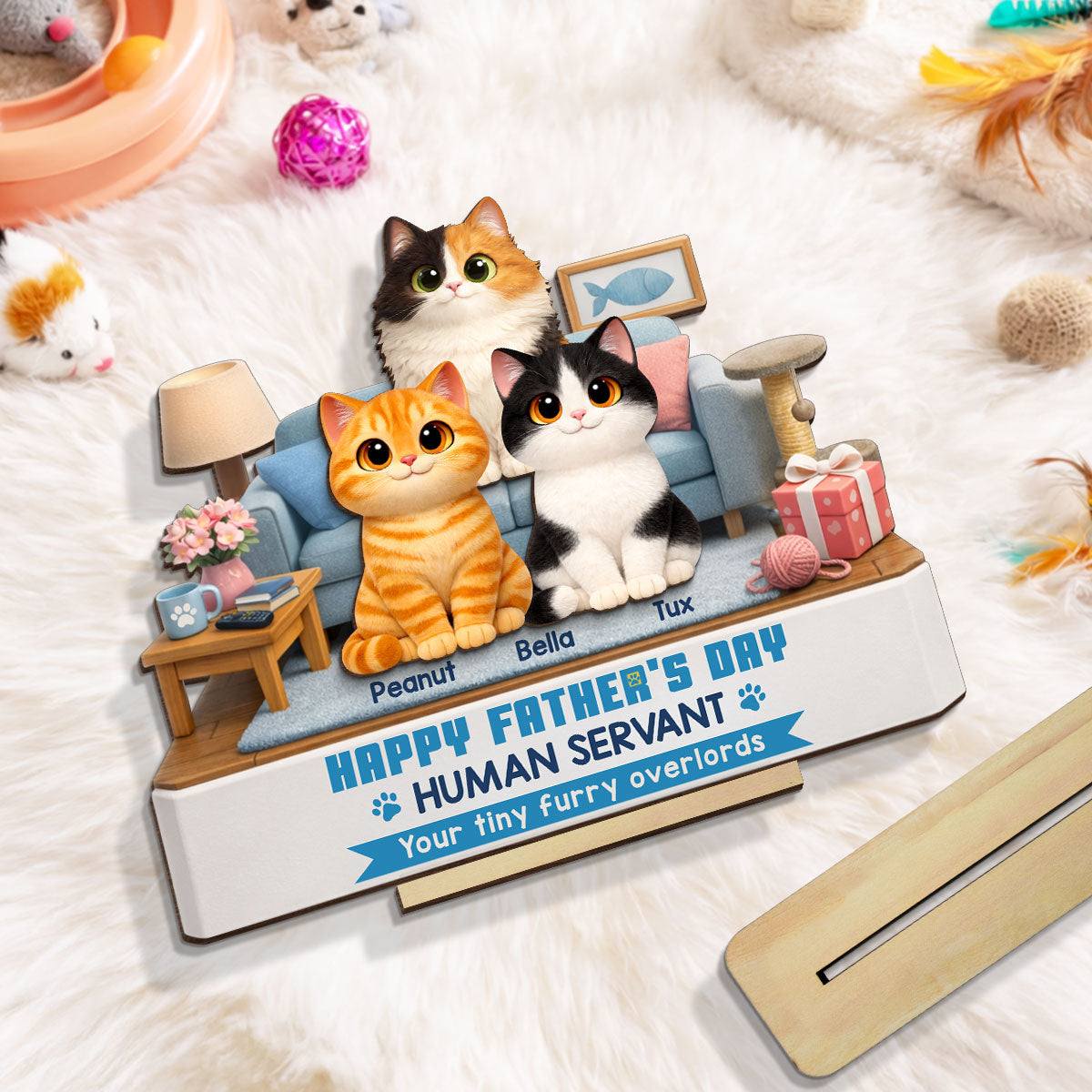 Cat Dad Cute Fluffy Cats Happy Human Servant - Personalized 2-Layered Wooden Plaque - Funny Gift For Cat Dad, Cat Lovers