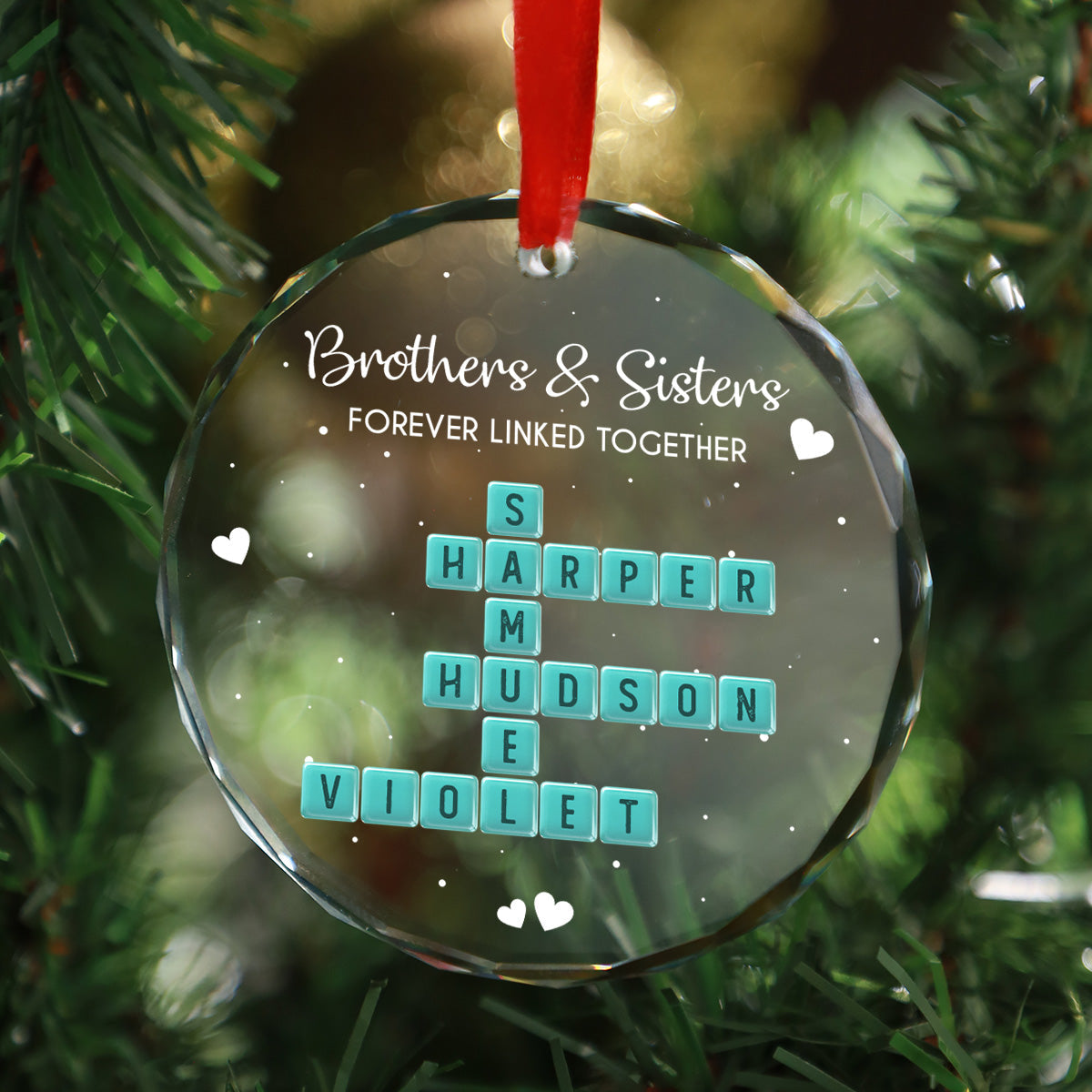 Brothers Sisters Siblings Forever Linked Together Crossword Puzzle Art Personalized Glass Ornament